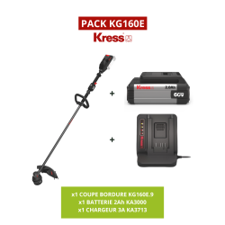 Découvrez le PACK Kress KG160E : débroussailleuse KG160E, batterie 2 Ah et chargeur 3 A inclus. Parfait pour un débroussaillage