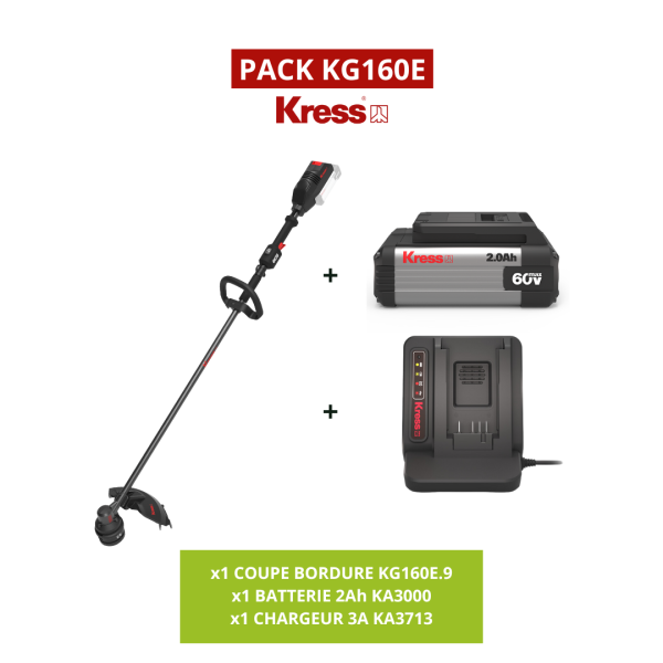Découvrez le PACK Kress KG160E : débroussailleuse KG160E, batteries 2 Ah et chargeur 3 A inclus. Parfait pour un débroussaillage