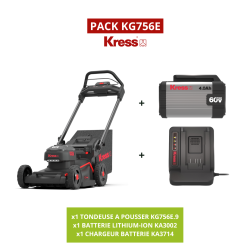 Le PACK Kress KG756E inclut une tondeuse performante, deux batteries de 4,0 Ah et un chargeur 5 A. Largeur de coupe de 46 cm, sa