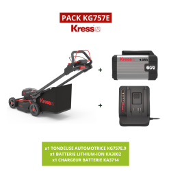 Le PACK Kress KG757E inclut une tondeuse automotrice performante, deux batteries 4,0 Ah et un chargeur 5 A. Largeur de coupe de