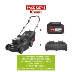 PACK Kress KG748 - Tondeuse 41 cm, 2 batteries 4,0 Ah, chargeur double port. Idéale pour pelouses jusqu'à 600 m². Moteur sans ba