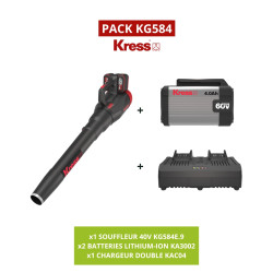 Le PACK Kress KG584 inclut un souffleur, deux batteries 4,0 Ah et un chargeur double port de 4 A. Idéal pour le nettoyage intens