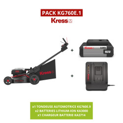 Le PACK Kress KG760E.1 inclut une tondeuse automotrice puissante, deux batteries de 4,0 Ah et un chargeur 5 A. Largeur de coupe