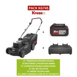 Le PACK Kress KG745 inclut une tondeuse à pousser, deux batteries 4,0 Ah et un chargeur double port 4 A. Idéal pour une tonte pe