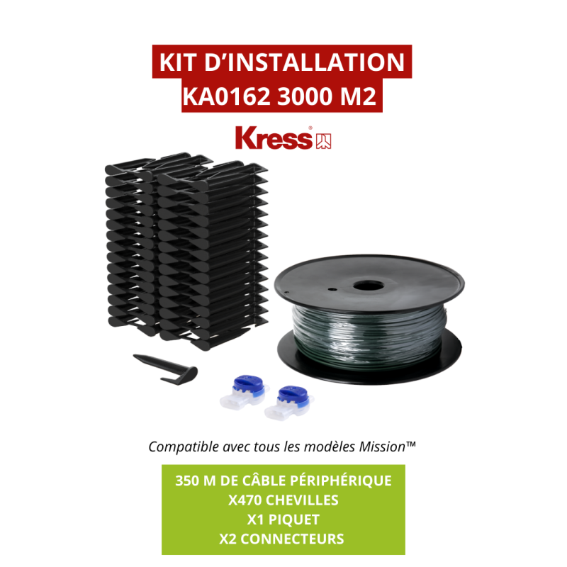 Kit d'installation Kress KA0161 avec 350 m de fil périmétrique et 470 piquets, idéal pour des surfaces allant jusqu'à 2000 m². C