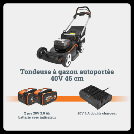 Tondeuse autotractée 40V Worx WG749E – 500 m² | Sans fil performante