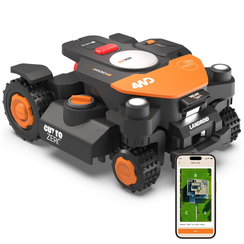 Robot Tondeuse WORX WR344E Vision Cloud 4WD : 4000m². Pentes 84%.
